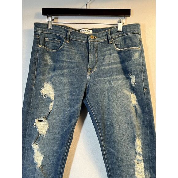 Frame Womens 30 Le Garcon Crop Denim Jeans Blue Distressed Mid Rise Straight - Picture 3 of 8